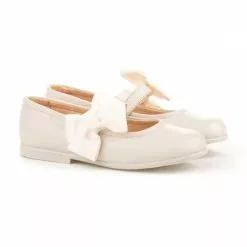 Childrens Girl Leather School Ballerinas Velcro Bow 519 Beige, By AngelitoS