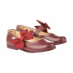 Childrens Girl Leather School Ballerinas Velcro Bow 519 Burgundy, By AngelitoS