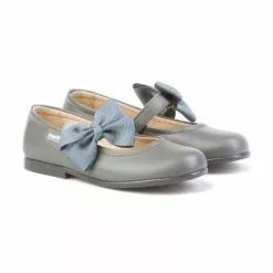 Childrens Girl Leather School Ballerinas Velcro Bow 519 Grey, By AngelitoS
