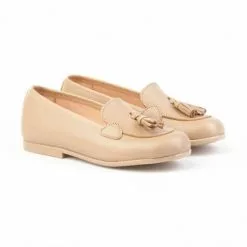 Childrens Girl Leather School Loafers Tassels Rounded Toe 391 Camel, By AngelitoS
