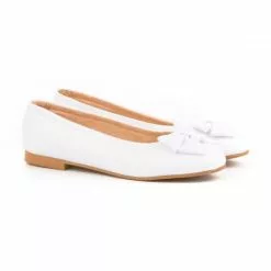 Girls Leather School Ballerinas Bow 1509 White, By AngelitoS
