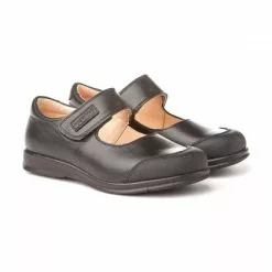 Girls Leather School Mary Jane Shoes Reinforced Toe Velcro 463 Black, By AngelitoS