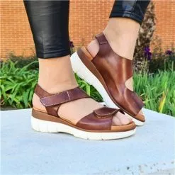 Woman Leather Wedged Sandals Velcro Padded Insole 54326 Brown, By Blusandal -Pumps shoes Shop woman leather wedged sandals velcro padded insole 54326 brown by blusandal 3