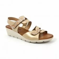 Woman Low Wedged Leather Sandals Velcro Padded Insole 855 Beige, By Amelie -Pumps shoes Shop woman low wedged leather sandals velcro padded insole 855 beige by amelie 2