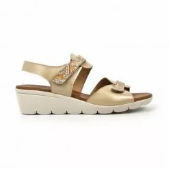 Woman Low Wedged Leather Sandals Velcro Padded Insole 855 Beige, By Amelie