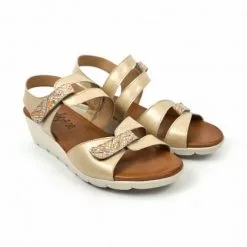 Woman Low Wedged Leather Sandals Velcro Padded Insole 855 Beige, By Amelie -Pumps shoes Shop woman low wedged leather sandals velcro padded insole 855 beige by amelie 3