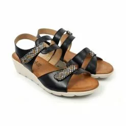 Woman Low Wedged Leather Sandals Velcro Padded Insole 855 Black, By Amelie -Pumps shoes Shop woman low wedged leather sandals velcro padded insole 855 black by amelie 3