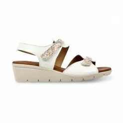 Woman Low Wedged Leather Sandals Velcro Padded Insole 855 White, By Amelie