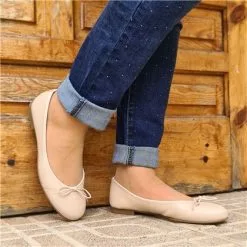 Womens Leather Flat Ballerinas Bow 7000 Beige, By Casual -Pumps shoes Shop womens leather flat ballerinas bow 7000 beige by casual 3