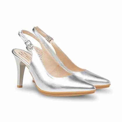 Womens Metallic Leather High Heeled Slingback Pumps 1495 Silver, By Eva Mañas 4 Womens Metallic Leather High Heeled Slingback Pumps 1495 Silver, By Eva Mañas - Image 2